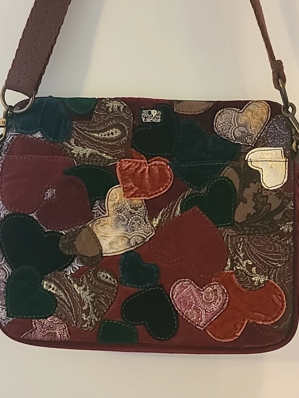 Vtg Y2K Lucky Brand Patchwork Heart Crossbody Boho Velvet Corduroy Laptop Tote